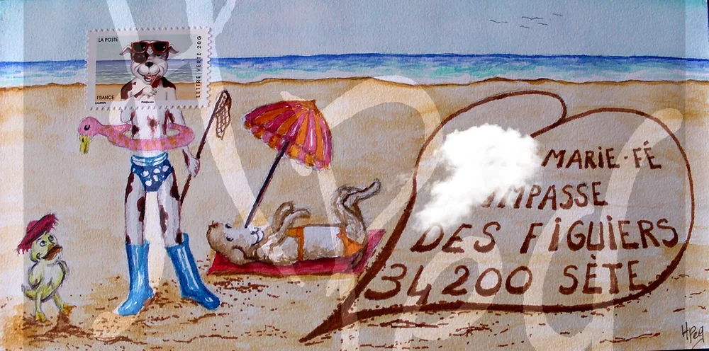 Art Postal Chien chèvre et canari à la plage