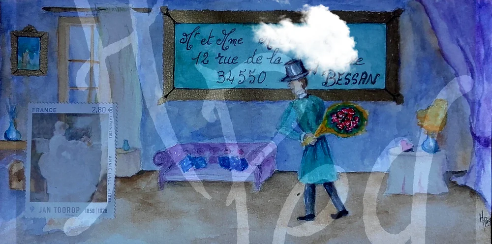 Art Postal Homme offrant des fleurs